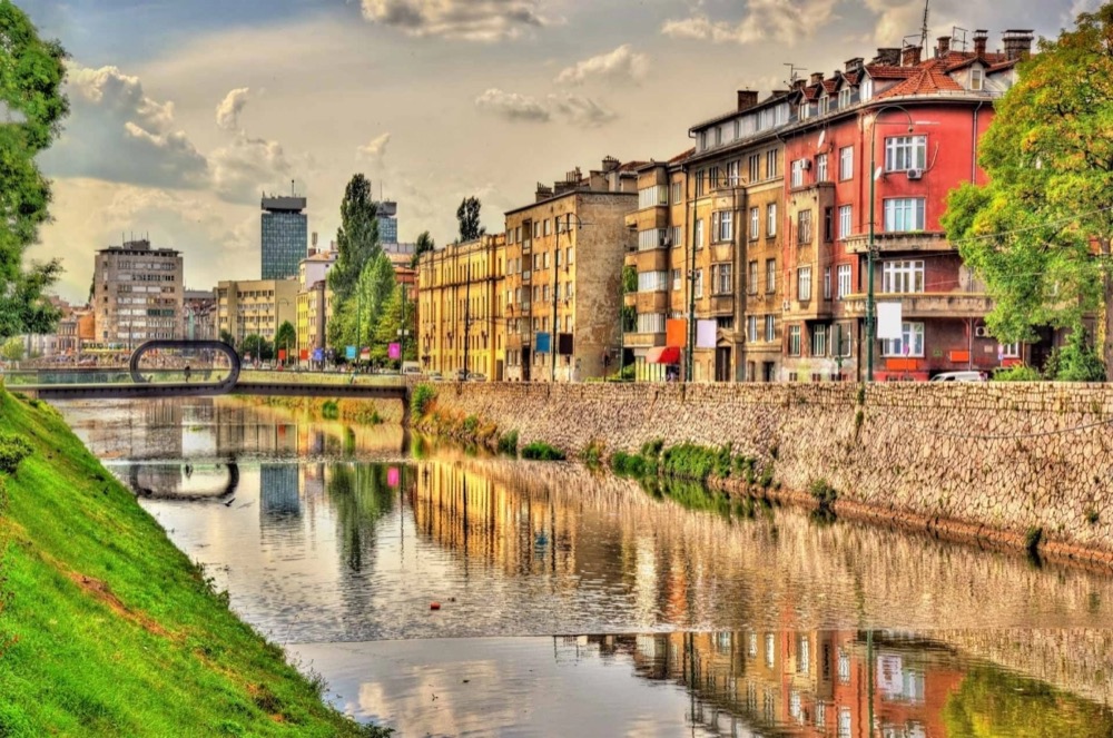 The Miljacka River and historic buildings in Sarajevo